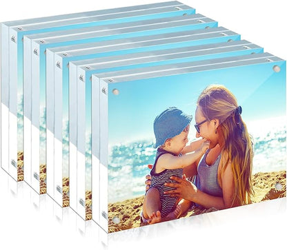 HELPLEX Acrylic Frame, 5 Pack 5x7 Acrylic Picture Frames, 24mm Thicker Frameless Clear Frame Double Sided Magnetic Frame, Free Standing Desktop Display Stand