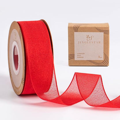 1 Inch Wide Sheer Chiffon Ribbon - Pearl Silk Woven Ribbon Suitable for Gift Wrapping, Wedding Decor, Home Decor, Girl Hair Accessories Handmade DIY (25 Yards/roll) (Red)