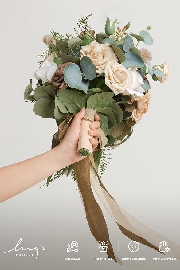 Ling's moment Intimate Brown Bridal Bouquet Cascading, Beige Wedding Bouquets for Bride, 13 Inch Bride Bouquets for Wedding Artificial Flowers Bouquets