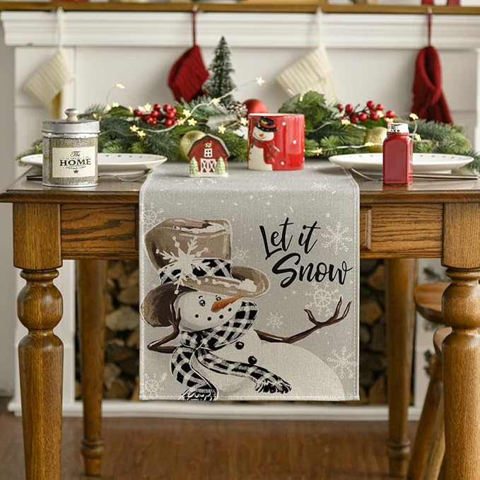 Artoid Mode Grey Snowman Snowflake Let it Snow Christmas Table Runner, Seasonal Winter Kitchen Dining Table Decor for Home Party Indoor 13x90 Inch
