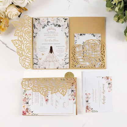50pcs Gold Laser Cut Wedding Invitations Card Pocket with Envelope and RSVP Cards 5x7 '' Tri-Fold Wedding Invitation Kit for Wedding Engagement Bridal Shower Birthday Quinceanera Party Invite