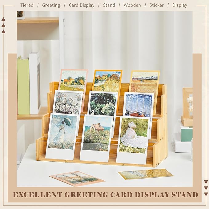 3 Tier Greeting Card Display Stand Wood Color Bamboo and Acrylic Sticker Display Stand Trading Card Holder Retail Photos Shelf for Vendors Craft Collection & Show