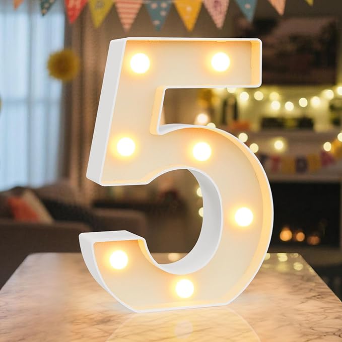 LED Marquee Light Up Numbers Sign - Lighted Birthday Numbers Sign for Birthday Party Decoration, Bar Wall, Home, Table Room, Wedding and Christmas Decorations, Number 5