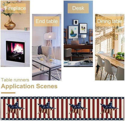 4th of July Table Runner, Patriotic Independence Day American Stars Stripes Flag Print Table Runner for Farmhouse Kitchen Dining Holiday Birthday Party, 13x60inch