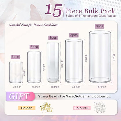 15pcs Glass Vase Cylinder Vases for Centerpieces Small Flower Glass Vases Home Decor Centerpiece Table Clear Flower Vase Decorations for Wedding＆Holiday 4,6,7.5,8,10 Inch Tall