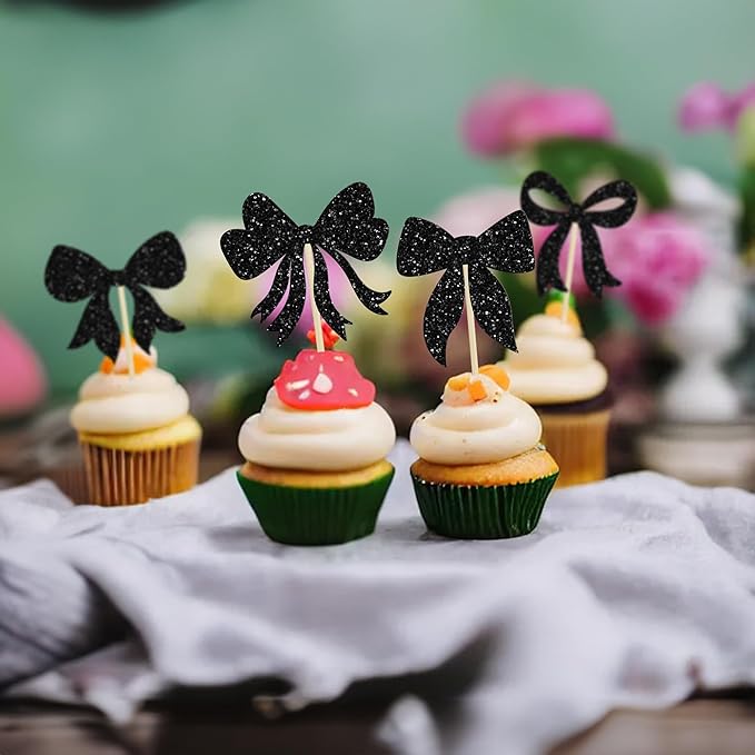 Gyufise 36Pcs Bow Cupcake Toppers Glitter Girls Birthday Decorations Bowknot Cupcake Picks Bow Tie Birthday Decorations Bow Cake Toppers for Bridal Baby Shower Bachelorette Party Supplies Black