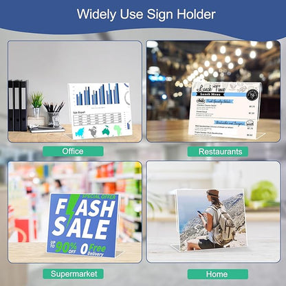 Slanted Back Acrylic Sign Holder 8 x 10 Horizontal, Acrylic Stands for Display 10 x 8, Clear Tabletop Plastic Paper Sign Holder for Office, Home, Restaurant (6 Pack 10x8 Inches)
