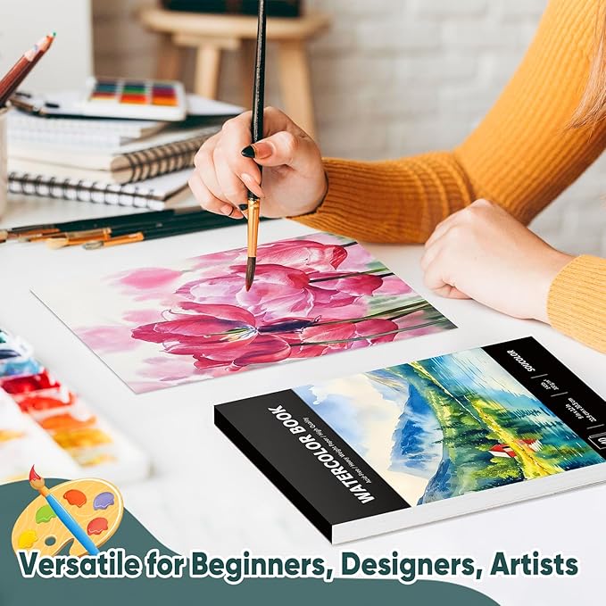 Soucolor Watercolor Paper Pad, 9"x12" Water Color Paper, 140lb/300gsm 40 Sheets Artist Painting Drawing Paper Book, Art Supplies for Adults Kids, Watercolor Paint Set, Sketchbook, Journal, Notebook