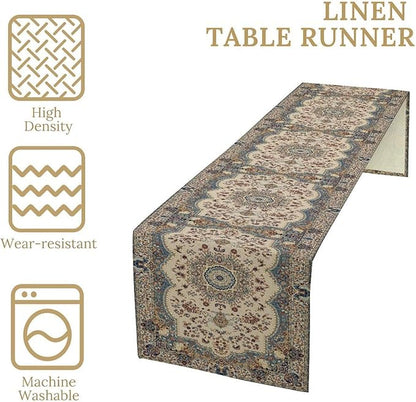 Boho Bohemia Style Table Runner, Vintage Blue Teal Gold Retro Flower Rustic Country Style Floral Print Pattern for Home Kitchen Table Decor Dining Coffee Room Garden Party Decor 13x90in