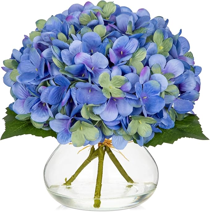 Hollyone Hydrangea Artificial Flowers with Glass Vase Blue-Green Silk Faux Flowers Arrangements in Vase with Faux Water Fake Floral Bulk Bouquet for Home Decor Table Centerpiece Decorations