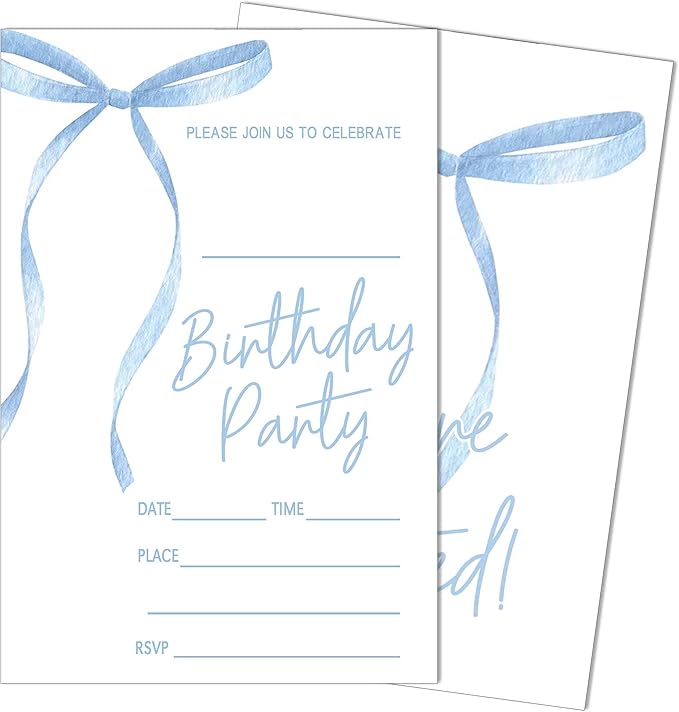 SIXEIGHT Blue Bow Birthday Invitations Blue Ribbon Bow Birthday Party Invitations 20 Party Invitations with Envelopes for Girls Boys Birthday Party Favor & Decoration (4"x6")-A07