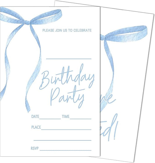SIXEIGHT Blue Bow Birthday Invitations Blue Ribbon Bow Birthday Party Invitations 20 Party Invitations with Envelopes for Girls Boys Birthday Party Favor & Decoration (4"x6")-A07