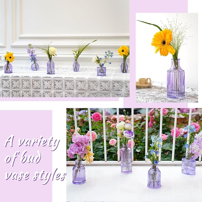 Glass Bud Vases 24 in Bulk, Small Purple Vase Glass Vases for Flowers Modern Ribbed Colored Bud Vase for Decor Wedding Flower Vase in Bulk Vintage Decor Bridal Shower Centerpieces Home Decoration