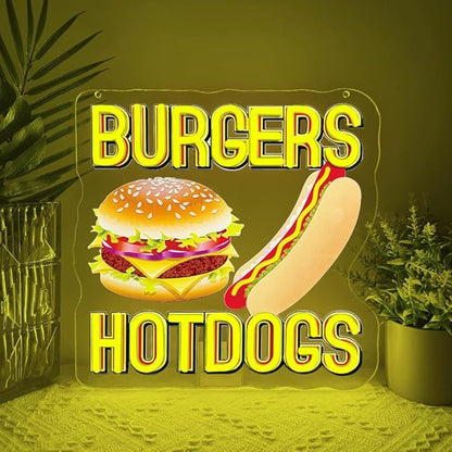 Hot Dogs Burgers Neon Signs for Wall Decor,Hot Dogs Led Neon Sign Party Decorations,Dimmable Hamburger Led Lights Sign for Business Food Restaurant Bar Birthday Party Decor,Hot Dog Shop Decor