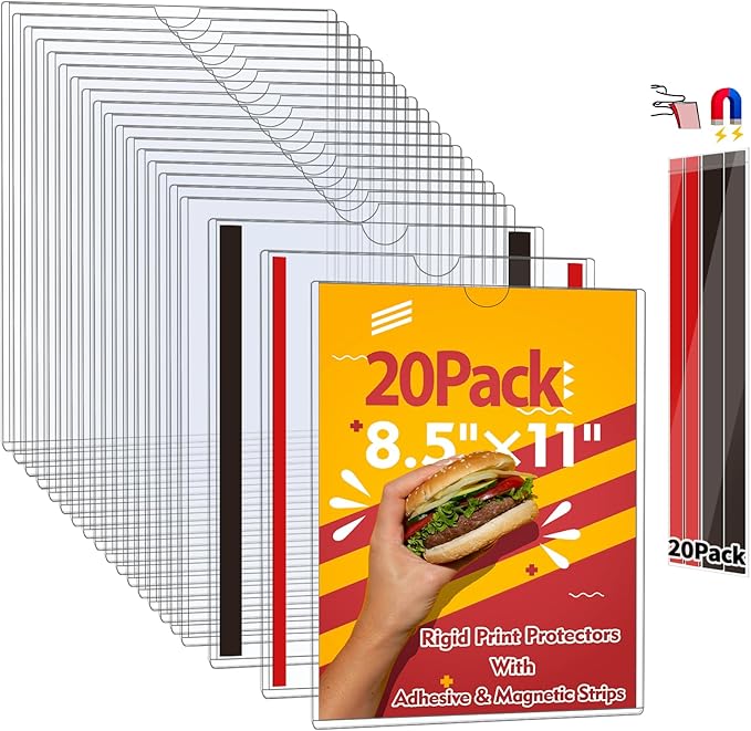 Magnetic Sign Holder 8.5 x 11 - Clear Plastic Frame for Refrigerator, Rigid Paper Holder for Picture Document, Adhesive Frames for Wall Window Door Sign 20 Pack