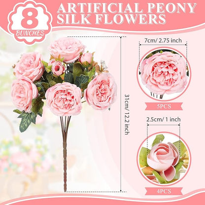 8 Bundles Artificial Peonies Flowers Boho Faux Flowers Arrangements Artificial Centerpiece Spring Bouquet Floral Wedding Decoration for Vase(Pink)