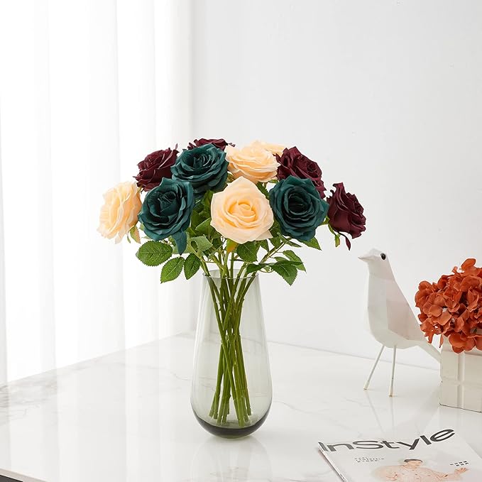 Artificial Rose 10pcs Open Flower Bouquet Faux Rose Stems for Wedding Arrangement, Bridal Bouquet, Centerpiece, Fake Faux Silk Flowers (Emerald Green)
