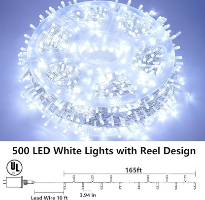 YEGUO 165ft 500 LED White Christmas Lights Outdoor Waterproof, Clear Wire String Lights Indoor, Twinkle Tree Lights Plug in with Timer Memory