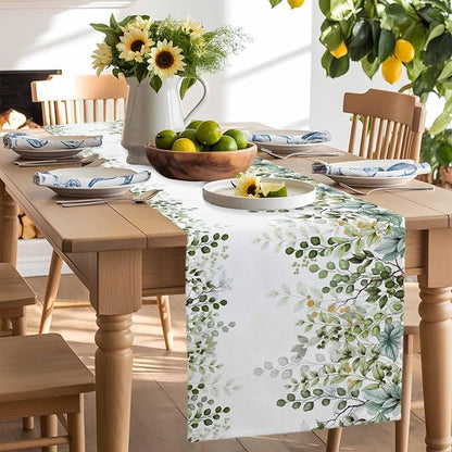 Sage Green Eucalyptus Cotton Linen Table Runner for Dining Kitchen,Farmhouse Leaves Botanical Floral Wedding Outdoor Party Tablerunners Decoration Dresser Scarf Coffee Tablecloth Runners 13x120 Inches