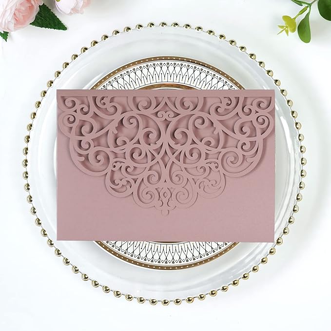 PONATIA 5.12 x 7.2 Dusty Rose Laser Cut Wedding Invitations, 5x7 Trifold Laser Cut Invitation Pockets with Envelopes for Wedding Bridal Shower Engagement Quinceanera Invitations (20PCS No Inner Sheet)