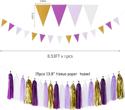 Purple Gold Graduation Decorations - 30pcs Kits Lavender White Paper Flowers,Banner Flags,Tassel Streamer Garland Engagement Girl Baby Bridal Shower Party Decoration Lasting Surprise
