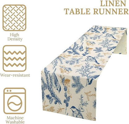 Chinoiserie Flowers Table Runner, Seasonal Spring Fall Plants Blue Florals Birds Dinner Runner for Home Kitchen Dining Table Party Holiday Decoration 13"x60"