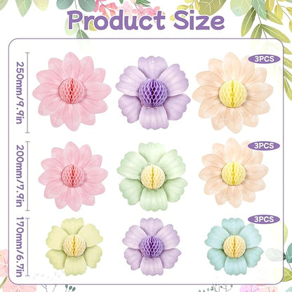 SUNBEAUTY 9 PCS Pastel Rainbow Party Decorations 10 Inch Giant Paper Flowers 3D Honeycomb for Party Pastel Hanging Flower Decorations for Girls Wall Birthday Wedding Backdrop Bridal Shower Classroom