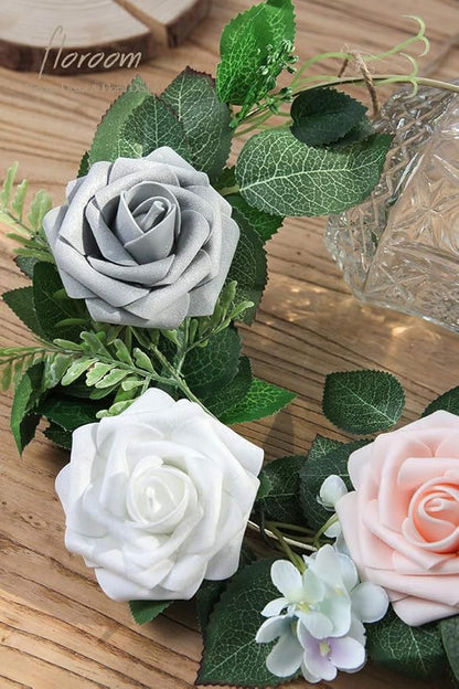 Floroom Artificial Flowers 25pcs Real Looking Shimmer Silver Grey Foam Fake Roses with Stems for DIY Christmas Ornaments Wedding Bouquets Party Tables Centerpieces Floral Arrangements Home Decorations
