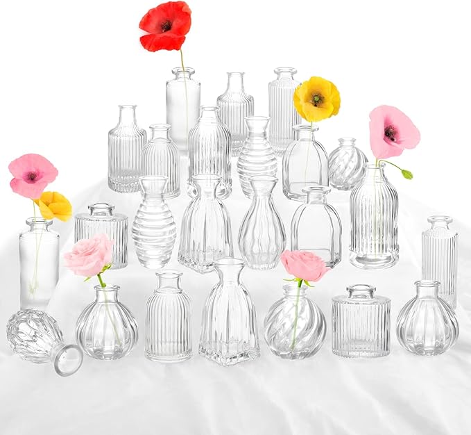 Bud Vases in Bulk 24, Small Glass Vase for Centerpieces, Vintage Vases for Decor, Mini Clear Single Flower Vase Bulk for Wedding Decor Rustic Decorative Christmas Vases Set Home Table Decorations