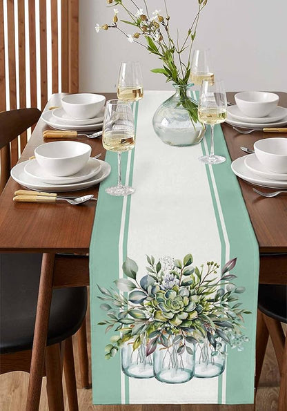Eucalyptus Cotton Linen Table Runner for Dining Kitchen, Wedding Outdoor Party Tablerunners Decoration, Green Leaves Botanical Plants Watercolor Dresser Scarf Coffee Tablecloth Runners 13x108 Inches