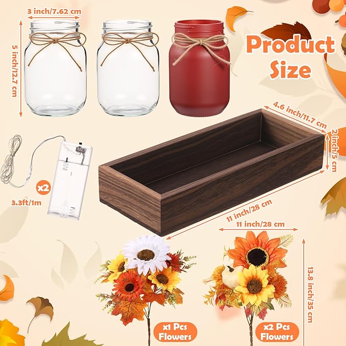3 Pcs Fall Thanksgiving Tables Centerpieces Mason Jar Table Decor Set, Farmhouse Autumn Pumpkin Maple Leaf Branches Potted Plant with Wood Tray & LED Light, Harvest Dining Table Centerpieces