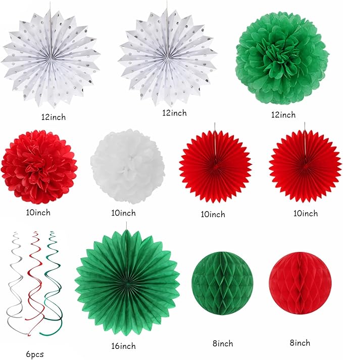 Red-Green White Christmas Party-Decorations - 33pcs Banner,Mexico Italy Streamers Tassel Garland,Tissue Pom Poms Honeycomb,Paper Lantern Fans,Mexican Italian Birthday Wedding Baby Shower Decor Hugtmr