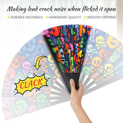 SYNTECSO Folding Hand Fan for Rave, UV Glow Fan, Large Bamboo Fan for Drag Queen, Women and Men Gift，Chinese Japanese Clack Fan for Parties, Music Festivals, EDM and Decoration