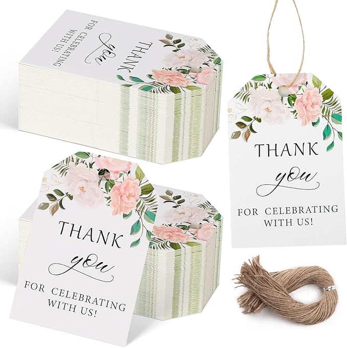 SallyFashion 75PCS Thank You Gift Tags, 2x3inch Floral Personalized Gift Tags with String for Wedding Birthdays Party Favors Baby Shower Bridal Shower