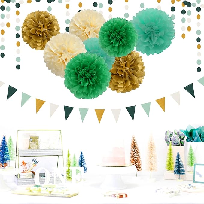 Sage-Green Beige-Gold Baby Bridal-Shower Decorations - 30pcs Rustic Wedding Tissue Pom Poms,Tassel Garland Banner,Birthday Gender Reveal Bachelorette Engagement Party Decor Bunting Lasting Surprise
