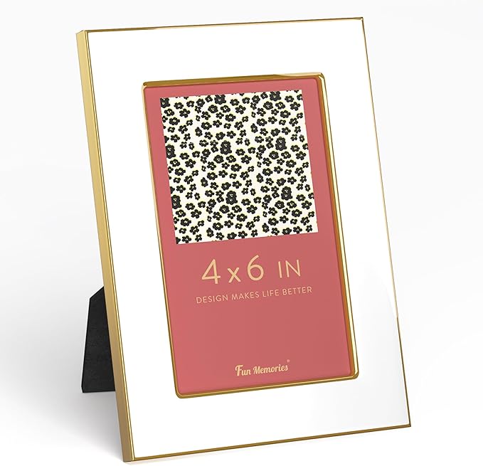 Fun Memories 4x6 Picture Frame - 1pcs White Enamel Glass Photo Frame with Gold Metal Edge & Easel for Display Picture Frame on Countertops, Tabletops, Bookshelves, Desks, Walls (White/Gold)