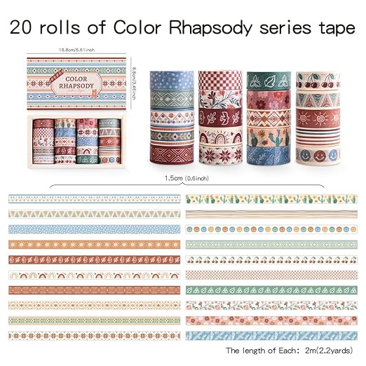 20 Rolls Bohemia Theme Washi Tape Set,Writable Decorative Tapes for Scrapbooking, Bible Journaling, Bullet Journaling, 0.6"x79" per Roll