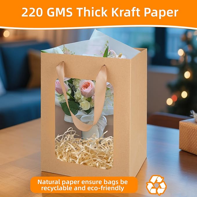 MOXARYSU 3 Pcs Brown Gift Bags with Clear Window: 9.8x5.1x7.1 Inch Medium Kraft Paper Bags with Handle For Party Business Birthday Wedding
