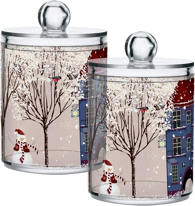 Christmas Winter Qtip Holder Dispenser 4 Pack Snowmen Snow Courtyard with Trees Apothecary Jars with Lids Bathroom Vanity Countertop Canister Storage Organizer for Cotton Ball,Swabs,Pads,Floss
