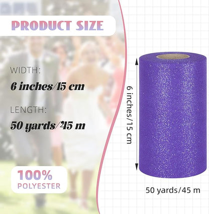 Glitter Tulle Rolls 6” by 50 Yards Sparkle Tulle Fabric Ribbon Sequin Tulle Netting Rolls for DIY Tutu Skirt Wedding Birthday Party Decoration (Purple)