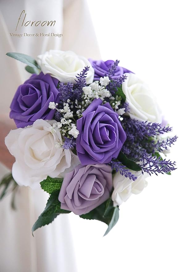 Floroom Artificial Flowers 25pcs Real Looking Violet Purple Ombre Colors Foam Fake Roses with Stems for DIY Wedding Bouquets Bridal Shower Centerpieces Party Tables Home Decorations