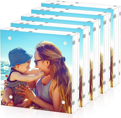 HELPLEX 5 Pack 6x6 Acrylic Picture Frames, 24mm Thicker Square Frameless Clear Frame Double Sided Magnetic Frame, Free Standing Desktop Display Stand