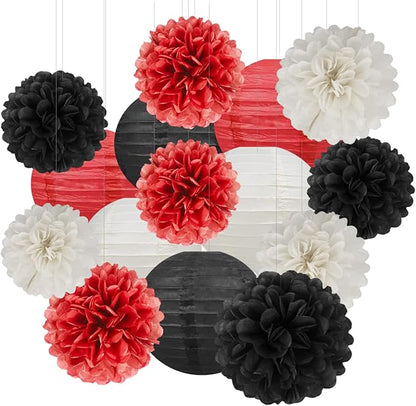 White Red Black Party Decorations - 15Pcs Tissue Paper Flower Pom Poms Lanterns Birthday Wedding Graduation Bachelorette Hanging Decor