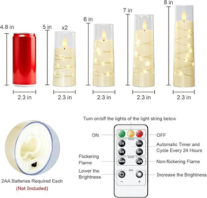 Raycare Flameless Candle with Remote Timer – 5 Flickering Acrylic Battery Operated LED Pillar Candles with Embedded Star String for Halloween, Home Decor, and as a Gift(Ivory)
