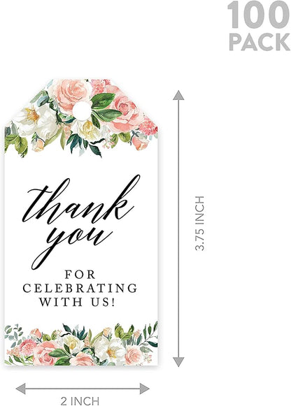 Andaz Press 100-Pack Thank You for Celebrating with Us Favor Tags Peach Coral Floral Garden Cardstock Gift Tags with Bakers Twine for Wedding Baby Shower Bridal Shower Party Favors 2 x 3.75-Inches