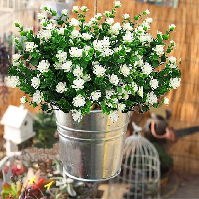10 Bundles Artificial Fake Flowers, Faux Outdoor Plastic Plants UV Resistant Shrubs Outside Indoor Decorations (White-Eucalyptus)
