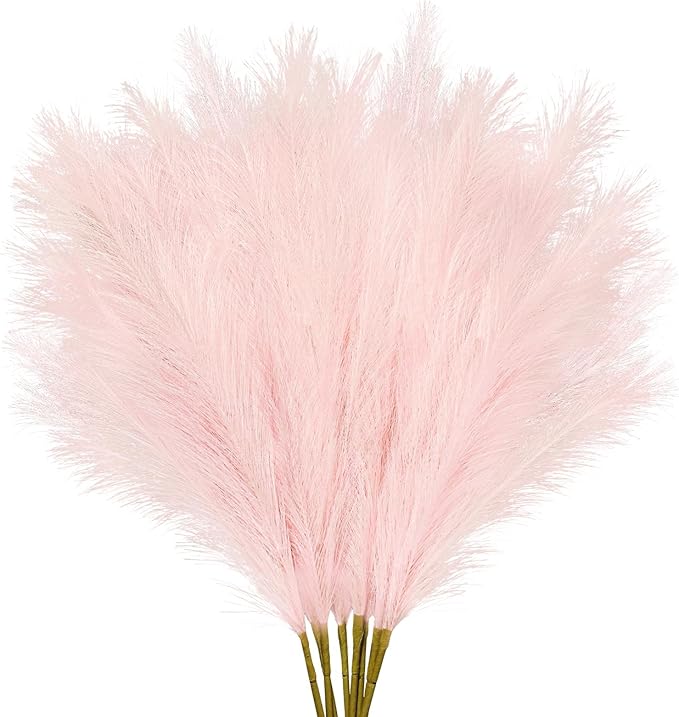 35" Pink Faux Pampas Grass Decor, 8pcs Large Tall Fluffy Artificial Pompous Grass Branches Floral Fake Pompas Grass Bulrush Floor Vase Filler Flower Arrangement for Home Wedding Boho Decor