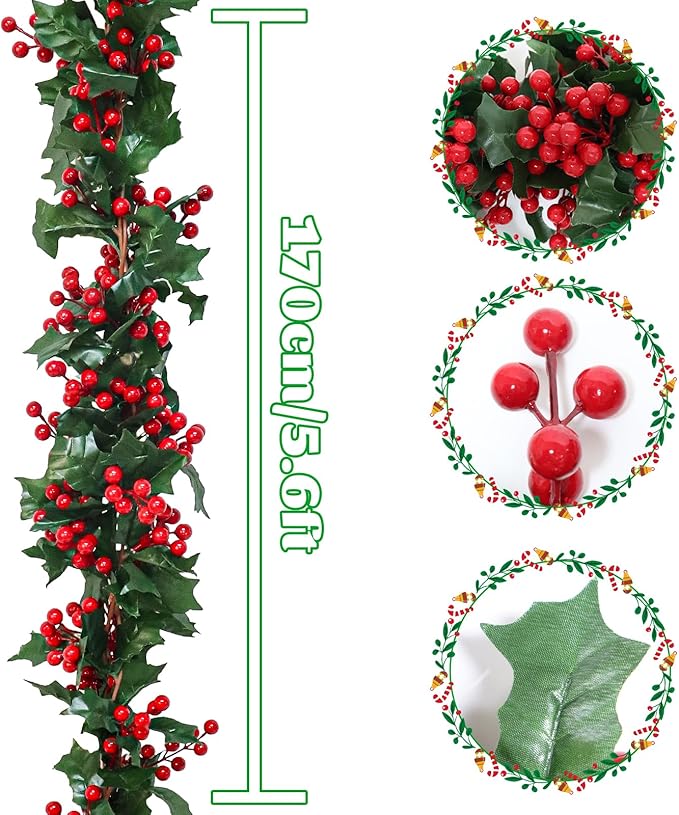 Uguisu 2pcs 5.6ft Red Artificial Christmas Garland,Eucalyptus Green Garland with Berry Flower Clusters,Artificial Vines for Fireplaces,Dining Tables,Christmas Parties