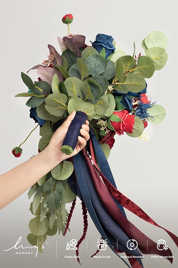 Ling's moment Navy Blue Burgandy Bridal Bouquet Cascading, Jewel Tone Wedding Bouquets for Bride, 15 Inch Bride Bouquets for Wedding Artificial Flowers Bouquets