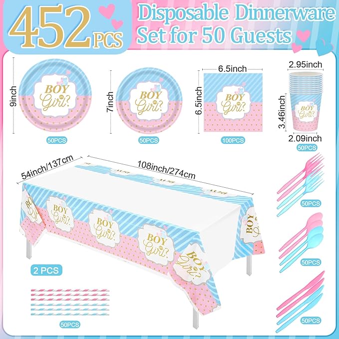 452 Pcs Gender Reveal Party Decorations Include Boy or Girl Paper Plates Napkins Cups Tablecloth Cutlery Straws Blue and Pink Gender Reveal Party Tableware for Baby Shower Decorations